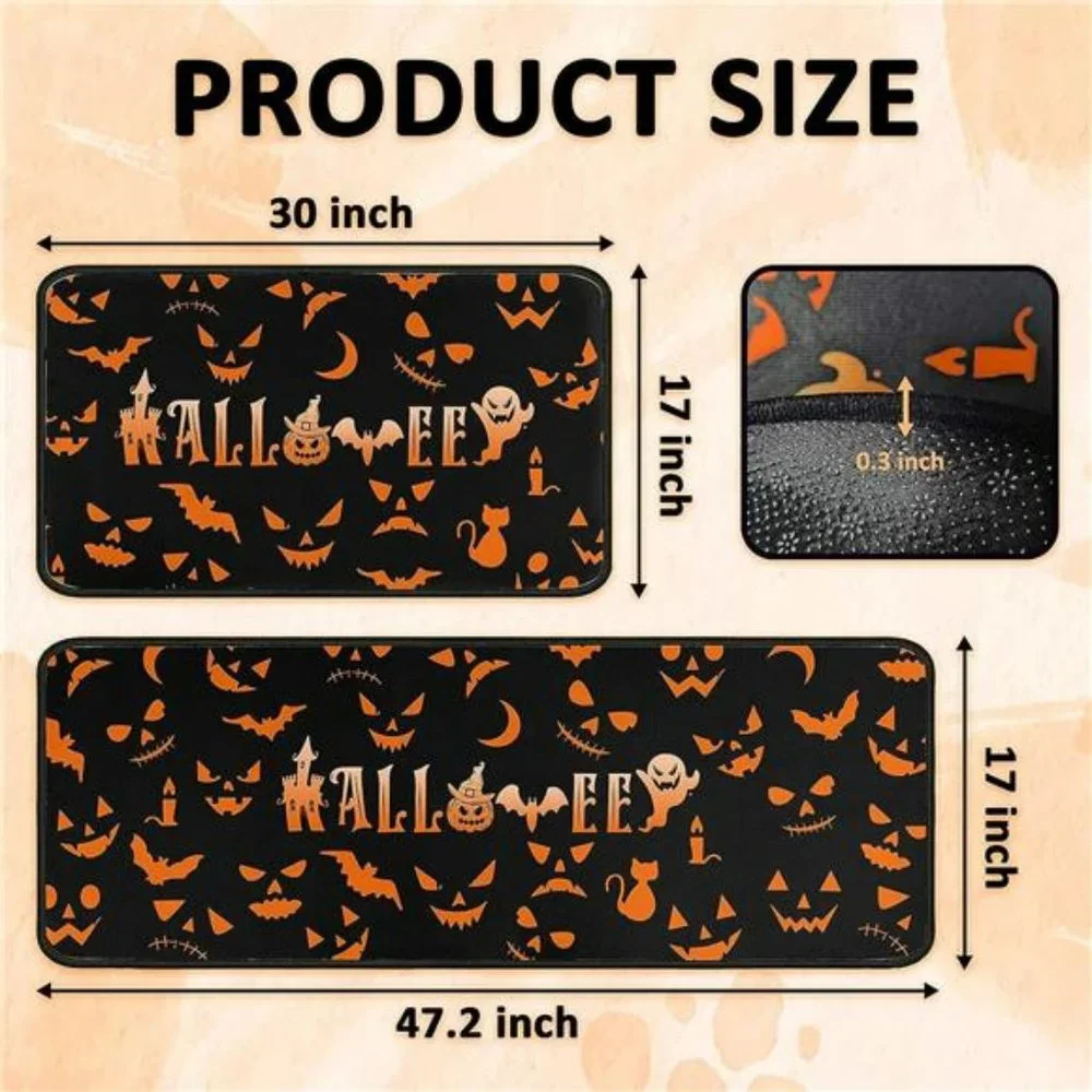 Halloween with Bats Kitchen Rug Set of 2 Washable Non Slip, 17